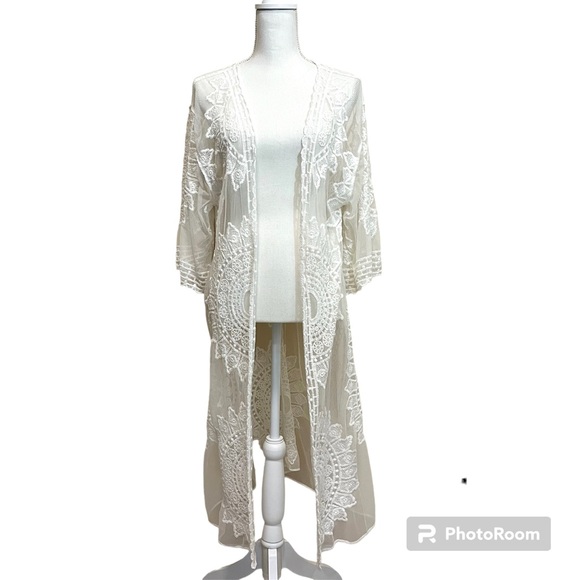 Rachel Zoe OS White Open Long Kimono | Lace Embroidery Coverup - Picture 2 of 13